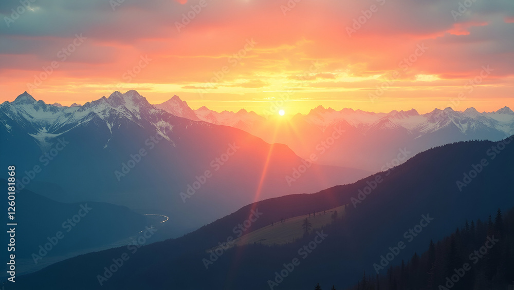 Title: Vibrant Panoramic View of a Mountain Range at Dawn
Title: Vibrant Panoramic View of a Mountain Range at Dawn