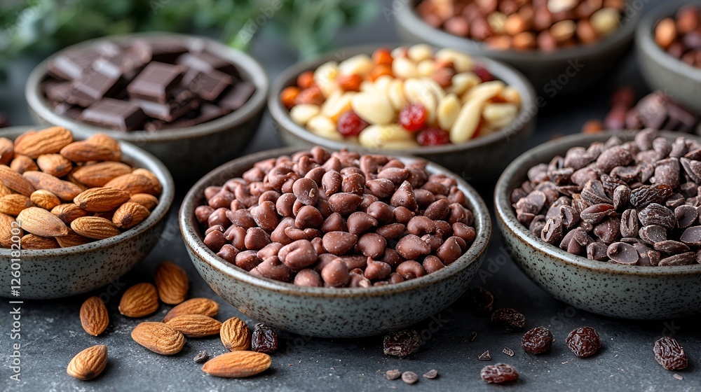 Fototapeta premium Assorted chocolate and nuts in small bowls on dark surface