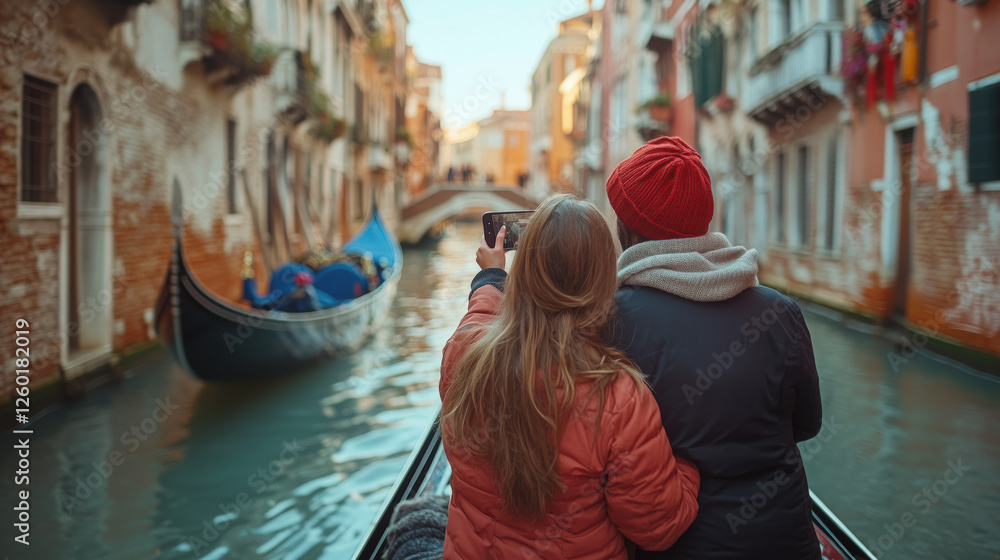 Obraz premium A couple taking a selfie on Valentine's Day, with a romantic gondola ride in the background and a serene canal 