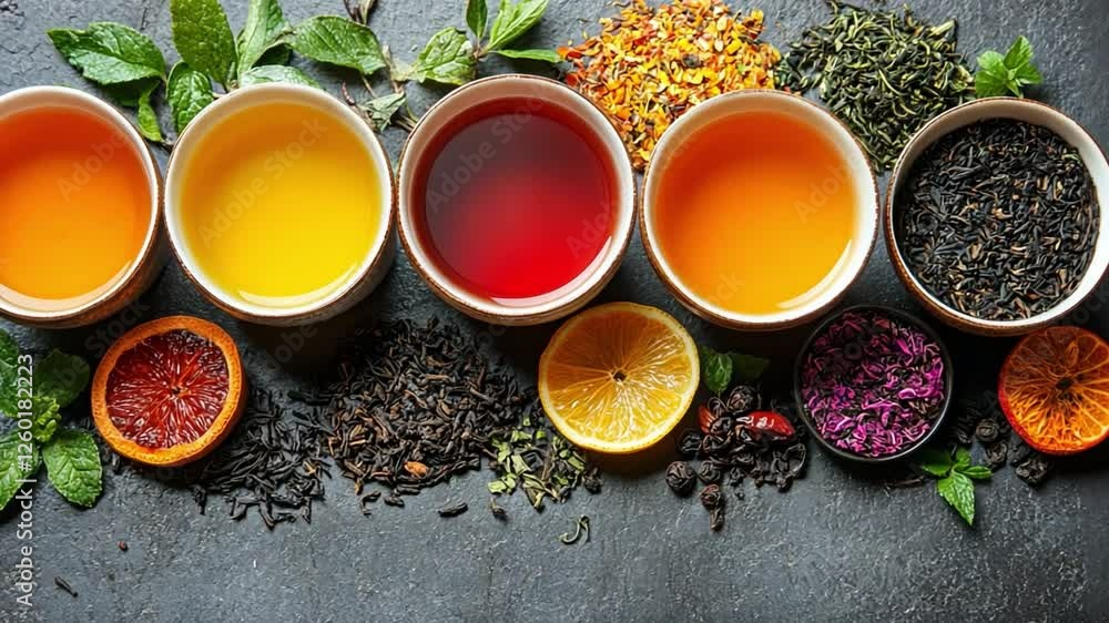 Aromatic Tea Selection: A vibrant arrangement of various tea blends and infusions, inviting a sensory exploration of flavors and aromas, showcasing the diverse world of tea culture. Aromatic Tea Selection: A vibrant arrangement of various tea blends and infusions, inviting a sensory exploration of flavors and aromas, showcasing the diverse world of tea culture.
