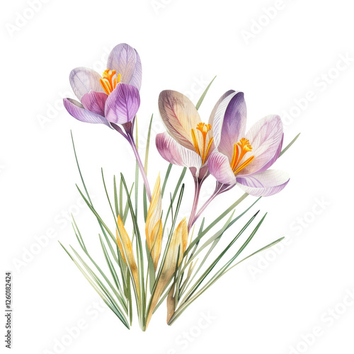 Watercolor cute blooming violet and purple Crocuses wildflower clip art element illustration
