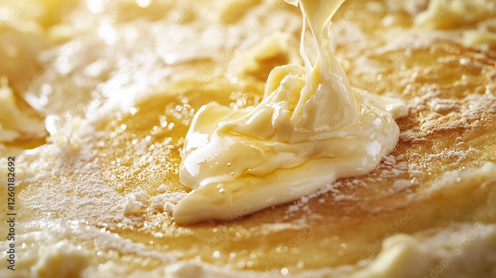 A dollop of soft margarine melting on a hot pancake A dollop of soft margarine melting on a hot pancake
