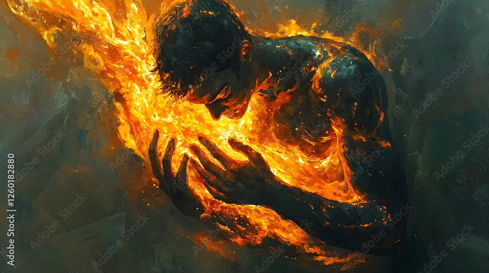 Naklejka premium Embracing the Inferno: A dramatic, surreal artwork depicts a powerful figure engulfed in vibrant flames, hands clasped in a gesture of intense emotion. The artwork evokes themes of passion, sacrifice.