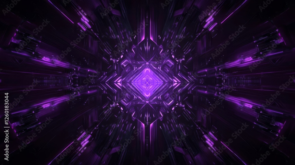 Vibrant purple abstract tunnel with geometric patterns in a digital environment