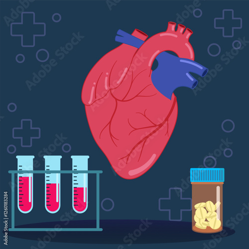 Cardiology research showing human heart, test tubes and pills