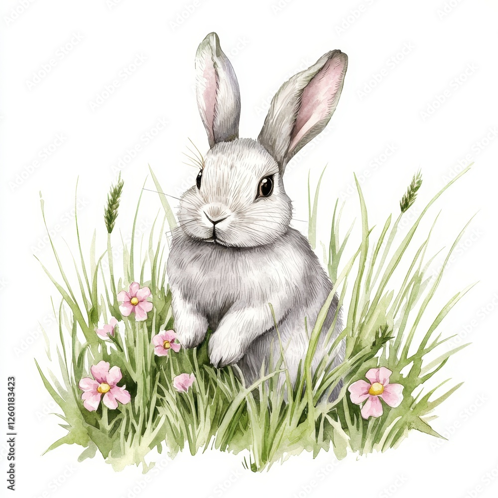 Obraz premium Adorable Grey Bunny Rabbit in Spring Meadow Watercolor Illustration Cute Easter Hare