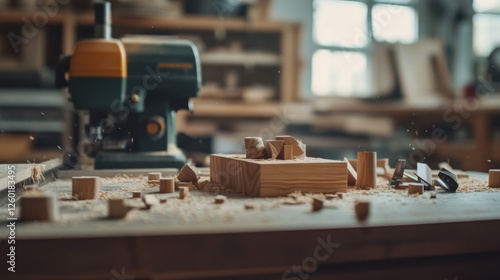 Scene of a woodworking setup. Featuring wood pieces, saws, and a completed project. Highlighting the craft of woodworking. Ideal for DIY and craft blogs.