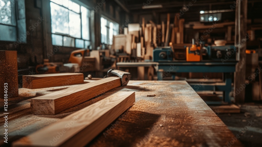 Scene of a woodworking setup. Featuring wood planks, saws, and a workbench. Highlighting the craft of woodworking. Ideal for DIY and craft blogs. Scene of a woodworking setup. Featuring wood planks, saws, and a workbench. Highlighting the craft of woodworking. Ideal for DIY and craft blogs.