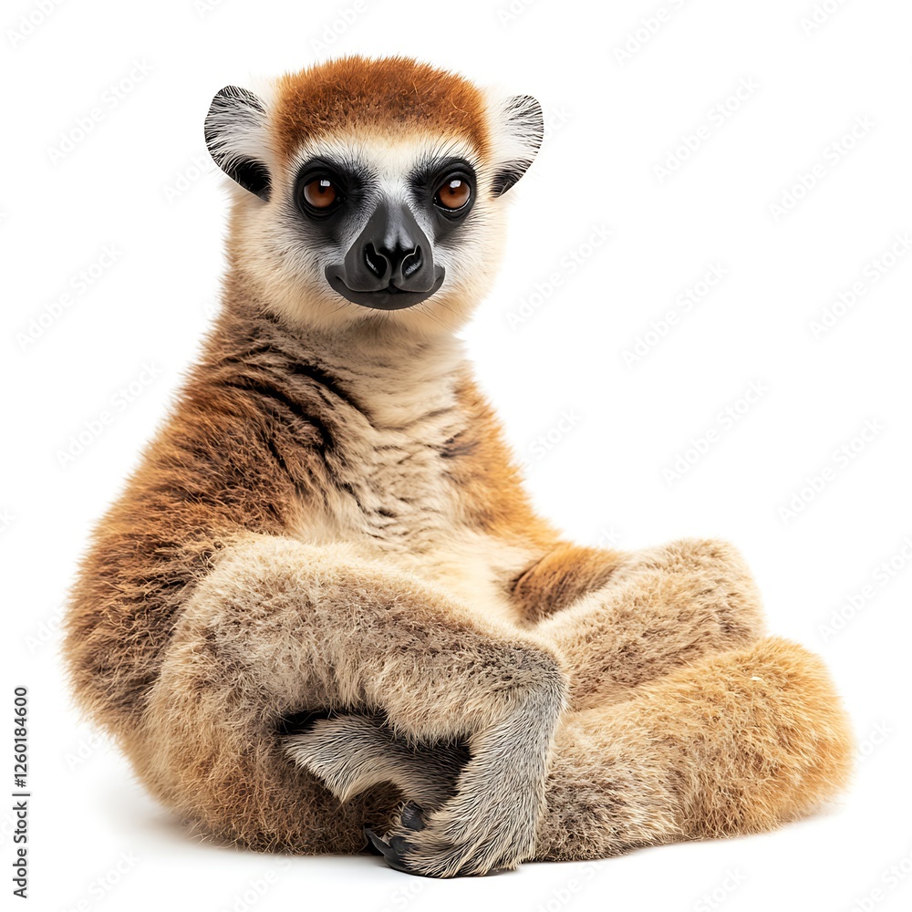 Fototapeta premium Red-fronted lemur sitting, white background, wildlife photography, stock image