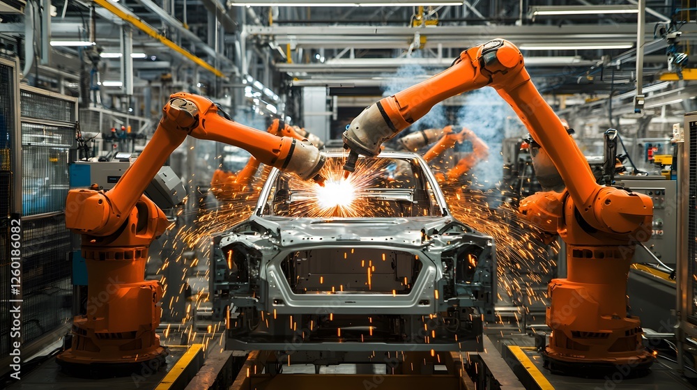 Automotive manufacturing robots welding a car body on assembly line Automotive manufacturing robots welding a car body on assembly line