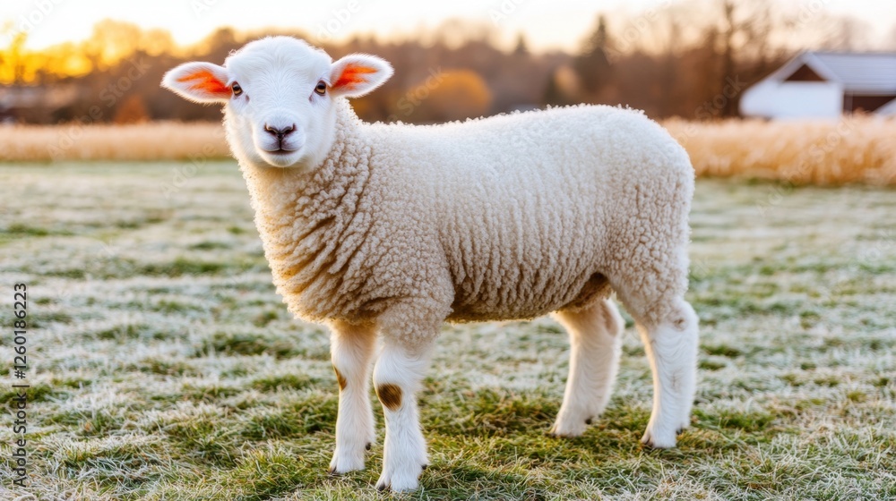 Adorable Lamb Standing on Frosty Grass at Sunrise in a Serene Pastoral Farm Setting Adorable Lamb Standing on Frosty Grass at Sunrise in a Serene Pastoral Farm Setting