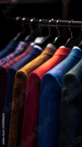 A rack of colorful business suits, showcasing the variety and vibrancy in men's fashion
