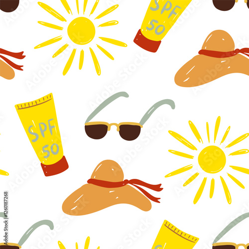 Summery seamless pattern, sun, hat and sun screen cream background, beach elements vector illustration