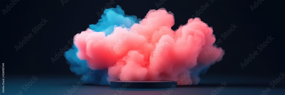 Fototapeta premium Abstract pink and blue smoke cloud with a dark circular platform.