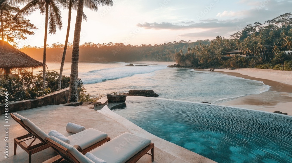 Fototapeta premium Luxury Beachfront Villa with Infinity Pool at Sunset