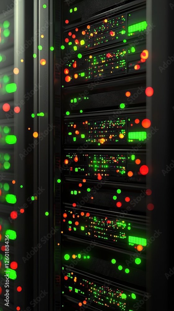 Naklejka premium A futuristic server room with illuminated data racks, showcasing vibrant lights in green and red, indicating active data processing.