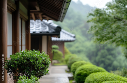 Wallpaper Mural traditional Japanese wooden house with a tiled roof and a serene Zen garden Torontodigital.ca