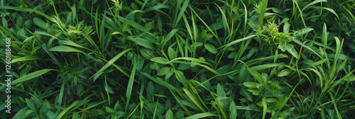 Varied meadow texture featuring green grass with changes in height and color patterns from above