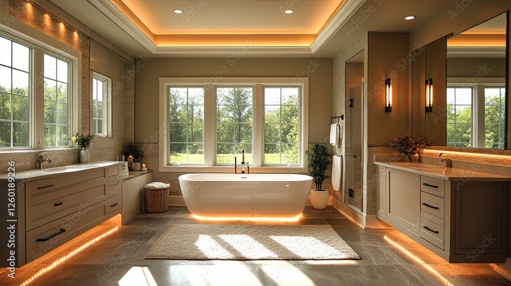 A bathroom with soft, indirect lighting around mirrors, a luxurious vibe, and a spa feel. A bathroom with soft, indirect lighting around mirrors, a luxurious vibe, and a spa feel.