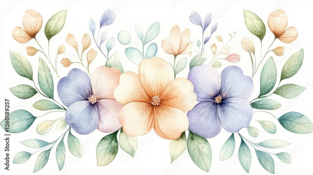 Obraz premium Delicate Watercolor Floral Arrangement Peach Lavender and Blue Flowers with Greenery