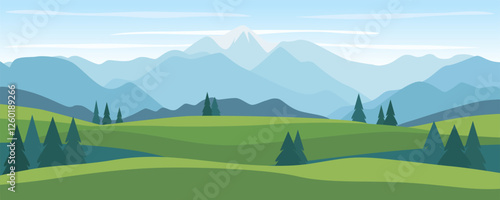 Mountain landscape with green meadows. Beautiful mountains and hills, fields and forests. Vector landscape illustration of mountains.