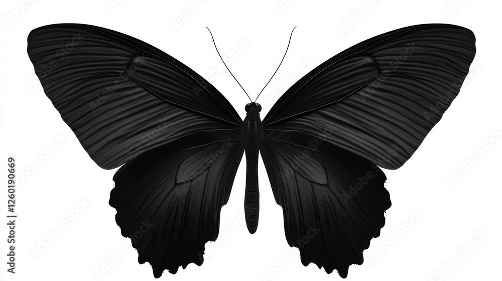 Obraz premium Black butterfly showcasing intricate wing patterns on a white background captures natural beauty