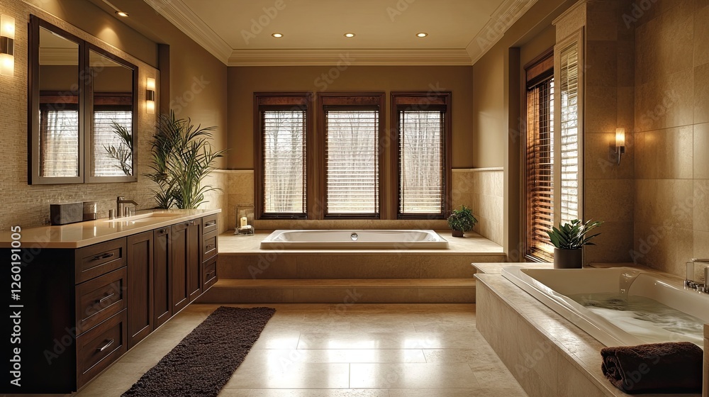 A bathroom with soft, indirect lighting around mirrors, a luxurious vibe, and a spa feel. A bathroom with soft, indirect lighting around mirrors, a luxurious vibe, and a spa feel.