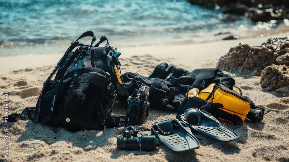Neatly arranged diving gear on a clean beach, emphasizing adventure and readiness. Ideal for diving and outdoor content. Neatly arranged diving gear on a clean beach, emphasizing adventure and readiness. Ideal for diving and outdoor content.