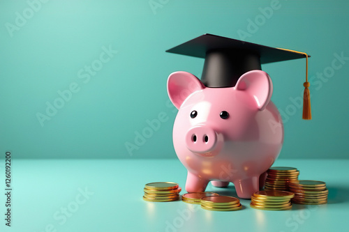 Education Savings Concept Piggy Bank with Graduation Cap and Coins on Teal Background with Copy Space