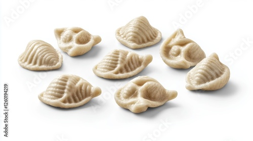 Collection of Raw Pasta Shells Arranged on a White Surface Highlighting Textures and Shapes photo