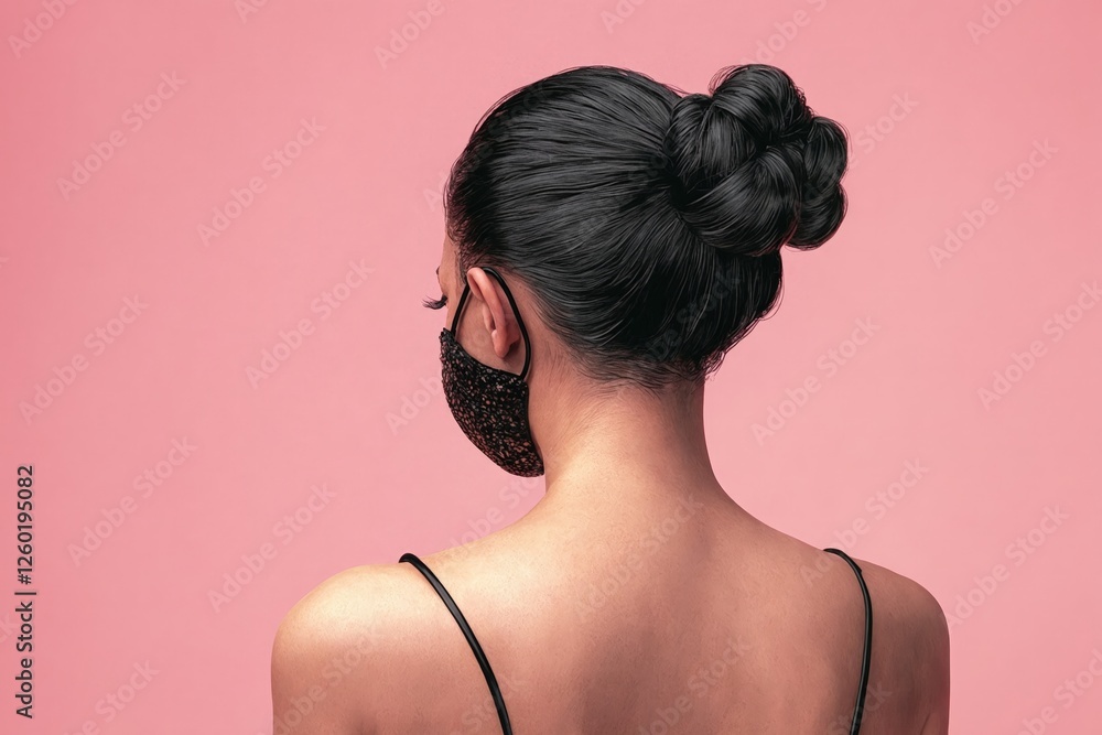 Mujer de espaldas con el cabello recogido en un moño elegante y mascarilla negra, sobre un fondo rosa. Mujer de espaldas con el cabello recogido en un moño elegante y mascarilla negra, sobre un fondo rosa.