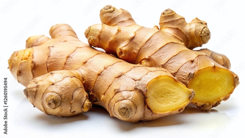 Fresh Ginger Root Close-Up: Natural Cold Remedy, Isolated on White Fresh Ginger Root Close-Up: Natural Cold Remedy, Isolated on White