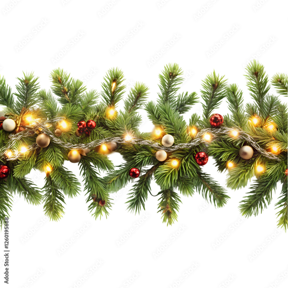Beautiful christmas garland with glowing lights and red ornaments on fir on transparent background Beautiful christmas garland with glowing lights and red ornaments on fir on transparent background