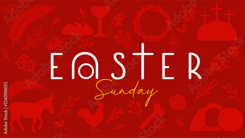 Creative Easter Sunday typography concept with letter A in the shape of an open tomb. Invitation for Good Friday with pattern icons of Palm Sunday, Calvary and open cave. Vector illustration