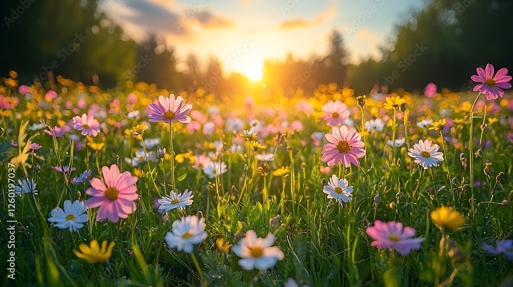 Obraz premium Colorful wildflower meadow at sunset