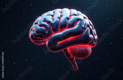 Glowing metal brain drawn with red lines on dark blue background.