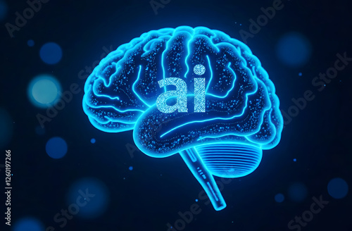 Glowing blue brain drawn with lines on blue and orange bokeh background.