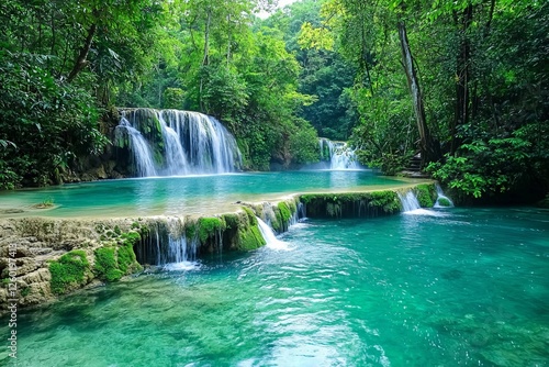 Serene Cascading Waterfall Surrounded by Lush Greenery in Forest