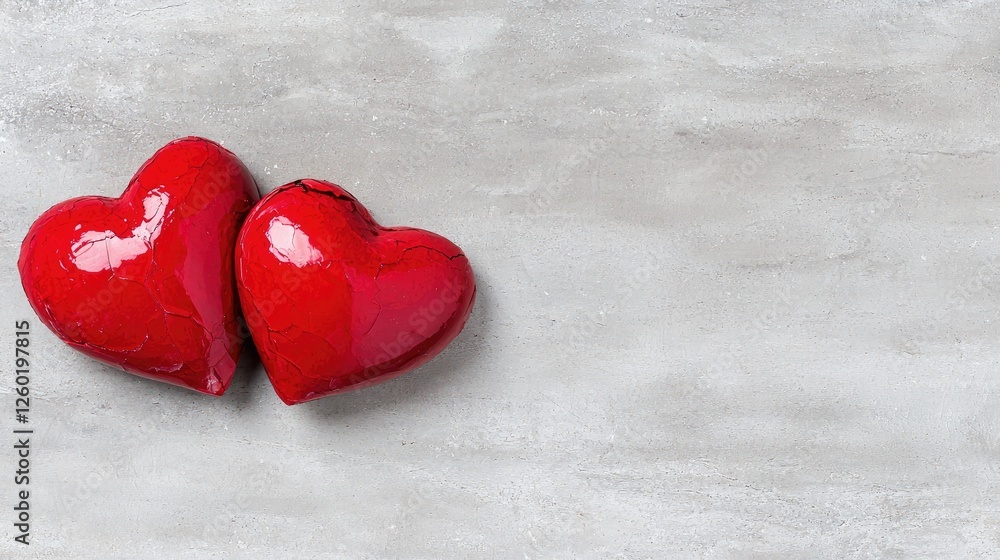 Two red hearts on gray surface. Romantic valentine's day image. Potential use Greeting card, social media post Two red hearts on gray surface. Romantic valentine's day image. Potential use Greeting card, social media post