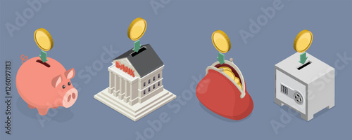 Banking and financial savings or deposit concept. Piggy bank, safe, purse and bank building with coin. 3d flat isometric vector illustration.