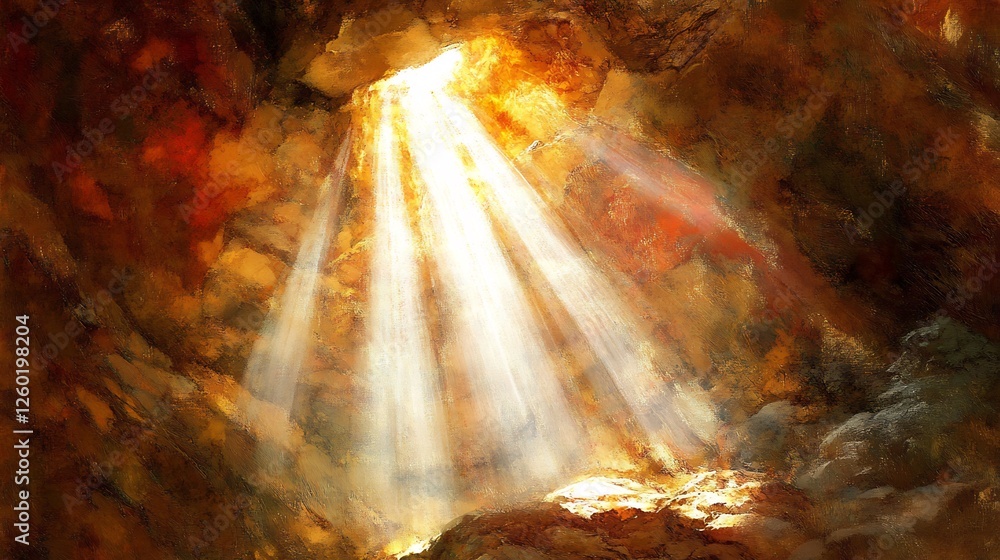 Fototapeta premium Golden light dramatically illuminates deep cave walls. AI Generated