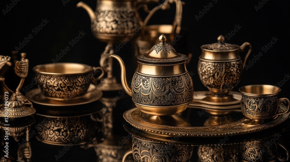 Ornate Golden Tea Set on a Reflective Surface Ornate Golden Tea Set on a Reflective Surface