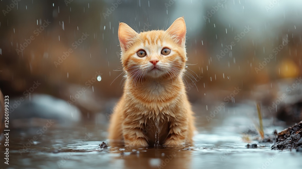 An orange ginger kitten with wet fur sits in a puddle as rain falls around creating ripples. The background is a blurred natural setting, exuding cuteness. An orange ginger kitten with wet fur sits in a puddle as rain falls around creating ripples. The background is a blurred natural setting, exuding cuteness.