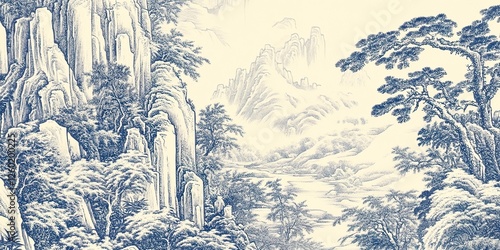复古仿宋千里江山图山脉装饰画
