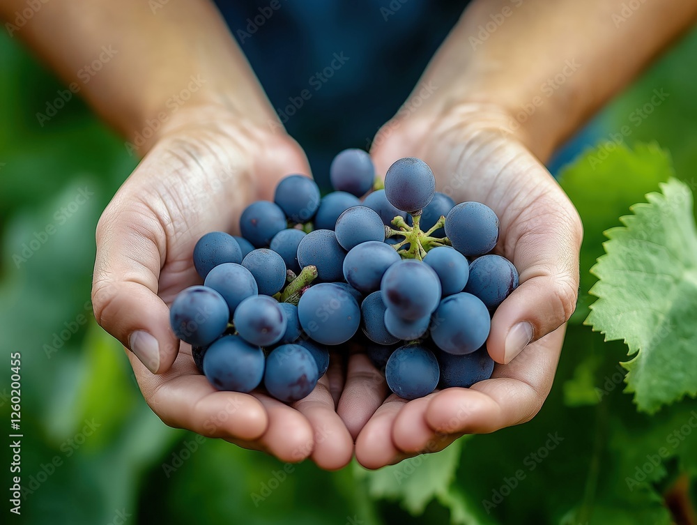 A pair of hands gently holding a bunch of ripe blue grapes, set against a lush vineyard background, creating a fresh and natural atmosphere A pair of hands gently holding a bunch of ripe blue grapes, set against a lush vineyard background, creating a fresh and natural atmosphere