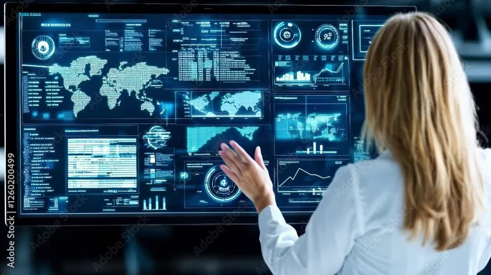 Futuristic Woman Interacts with Digital Display Showcasing Global Data and Analytics Technology for Enhanced Insights Futuristic Woman Interacts with Digital Display Showcasing Global Data and Analytics Technology for Enhanced Insights