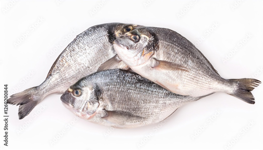 Fototapeta premium Three fresh sea breams lying on white background