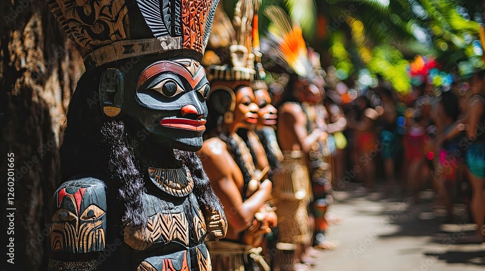 Traditional festival with people wearing elaborate tribal masks and colorful costumes. A vibrant cultural celebration with intricate handcrafted details. Generative AI. Traditional festival with people wearing elaborate tribal masks and colorful costumes. A vibrant cultural celebration with intricate handcrafted details. Generative AI.