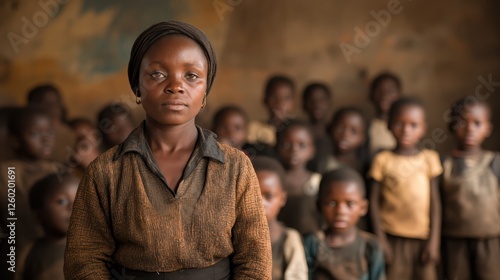 A young girl stands confidently in a classroom setting, with a group of children in the background, highlighting themes of education and leadership. photo