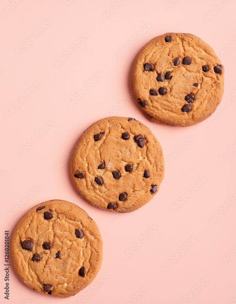 Delicious chocolate chip cookies arranged on pink background Delicious chocolate chip cookies arranged on pink background